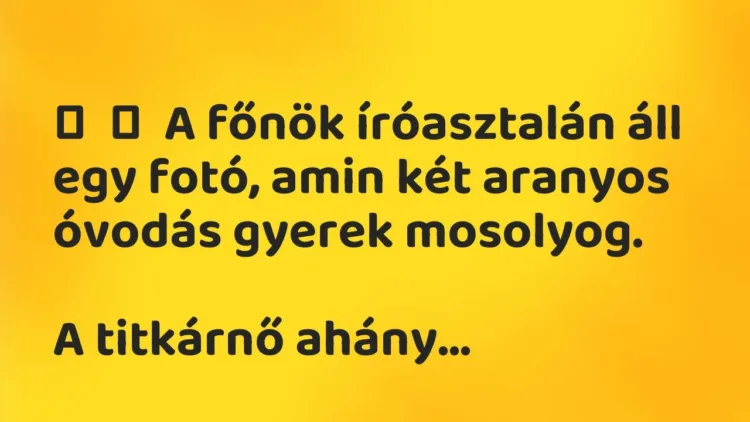 Vicc:
A főnök íróasztalán áll egy fotó, amin két aranyos óvodás gyerek… Vicc:
A főnök íróasztalán áll egy fotó, amin két aranyos óvodás gyerek…