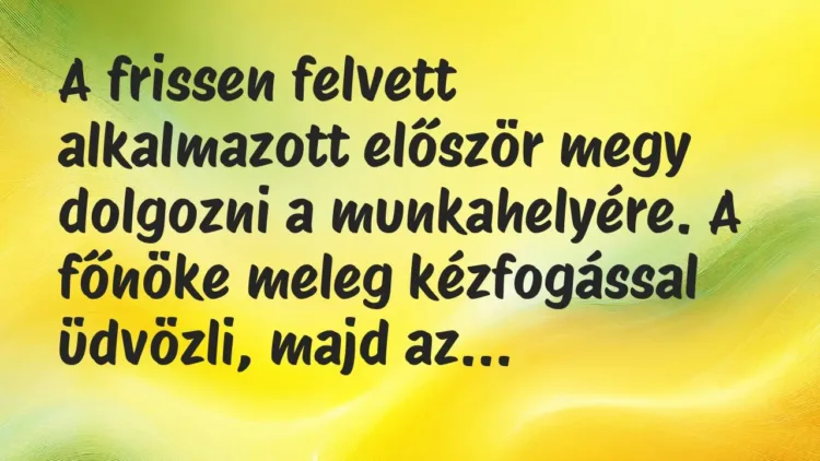 Vicc: A frissen felvett alkalmazott először megy dolgozni a munkahelyére. A főnöke… Vicc: A frissen felvett alkalmazott először megy dolgozni a munkahelyére. A főnöke…