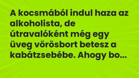 Vicc: A kocsmából indul haza az alkoholista, de útravalóként még egy üveg vörösbort…