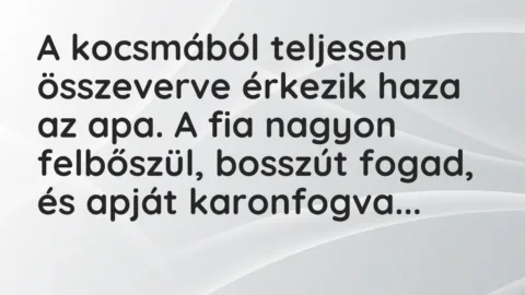 Vicc: A kocsmából teljesen összeverve érkezik haza az apa. A fia nagyon felbőszül,…