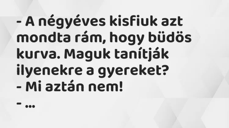 Vicc: – A négyéves kisfiuk azt mondta rám, hogy büdös kurva. Maguk tanítják ilyenekre… Vicc: – A négyéves kisfiuk azt mondta rám, hogy büdös kurva. Maguk tanítják ilyenekre…