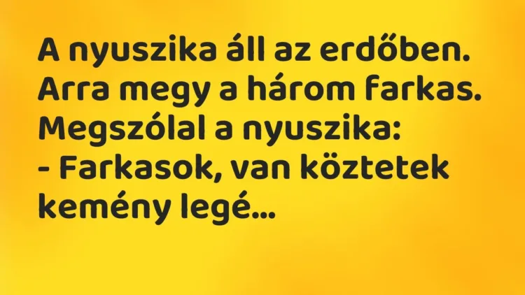 Vicc: A nyuszika áll az erdőben. Arra megy a három farkas. Megszólal a nyuszika:… Vicc: A nyuszika áll az erdőben. Arra megy a három farkas. Megszólal a nyuszika:…