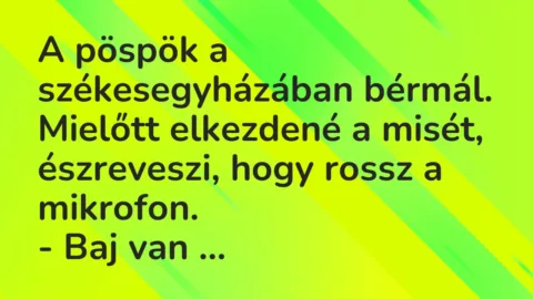 Vicc: A pöspök a székesegyházában bérmál. Mielőtt elkezdené a misét, észreveszi, hogy…