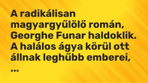 Vicc: A radikálisan magyargyűlölő román, Georghe Funar haldoklik. A halálos ágya körül…