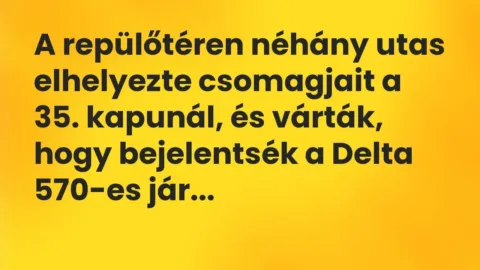 Vicc: A repülőtéren néhány utas elhelyezte csomagjait a 35. kapunál, és várták, hogy…