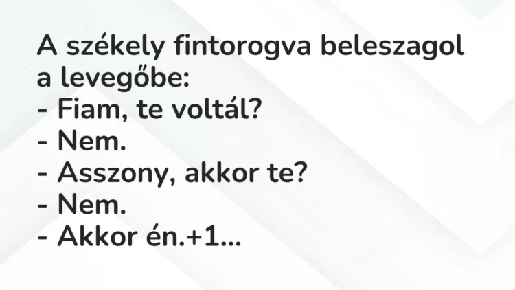 Vicc: A székely fintorogva beleszagol a levegőbe:
– Fiam, te voltál?
-… Vicc: A székely fintorogva beleszagol a levegőbe:
– Fiam, te voltál?
-…