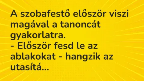 Vicc: A szobafestő először viszi magával a tanoncát gyakorlatra.

– Először fesd…