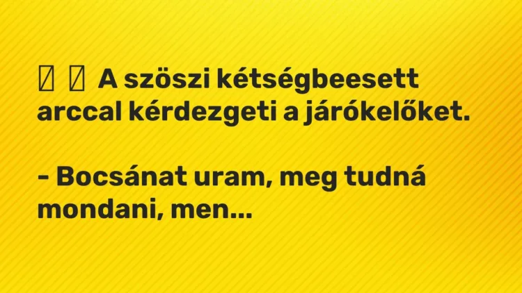 Vicc:
A szöszi kétségbeesett arccal kérdezgeti a járókelőket.
-… Vicc:
A szöszi kétségbeesett arccal kérdezgeti a járókelőket.
-…