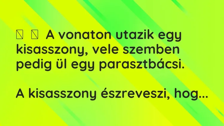 Vicc:
A vonaton utazik egy kisasszony, vele szemben pedig ül egy… Vicc:
A vonaton utazik egy kisasszony, vele szemben pedig ül egy…