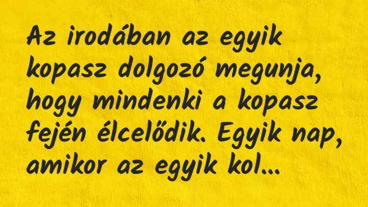 Vicc: Az irodában az egyik kopasz dolgozó megunja, hogy mindenki a kopasz fején… Vicc: Az irodában az egyik kopasz dolgozó megunja, hogy mindenki a kopasz fején…