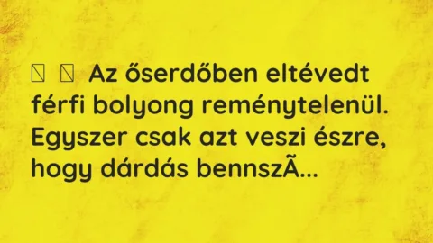 Vicc: 
	    	    Az őserdőben eltévedt férfi bolyong reménytelenül. Egyszer csak azt…