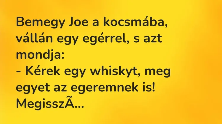 Vicc: Bemegy Joe a kocsmába, vállán egy egérrel, s azt mondja:
– Kérek egy… Vicc: Bemegy Joe a kocsmába, vállán egy egérrel, s azt mondja:
– Kérek egy…