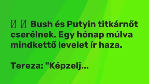 Vicc: 
	    	    Bush és Putyin titkárnőt cserélnek. Egy hónap múlva mindkettő levelet…
