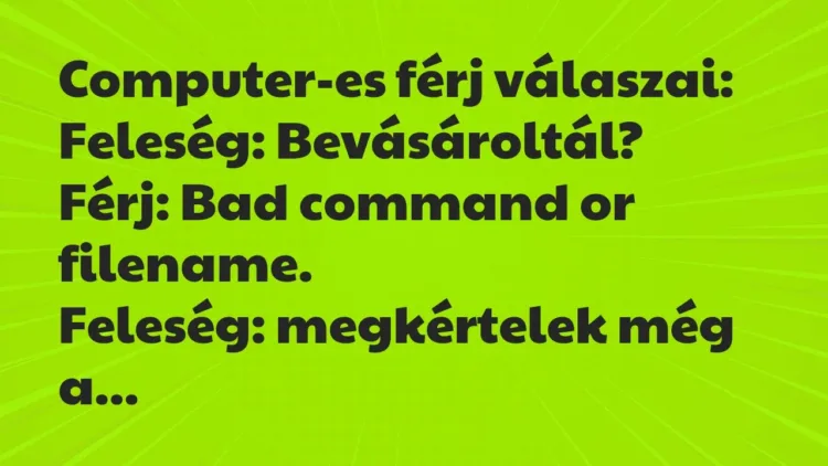 Vicc: Computer-es férj válaszai:
Feleség: Bevásároltál?
Férj: Bad command or… Vicc: Computer-es férj válaszai:
Feleség: Bevásároltál?
Férj: Bad command or…