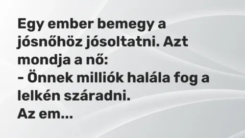 Vicc: Egy ember bemegy a jósnőhöz jósoltatni. Azt mondja a nő:

– Önnek milliók…