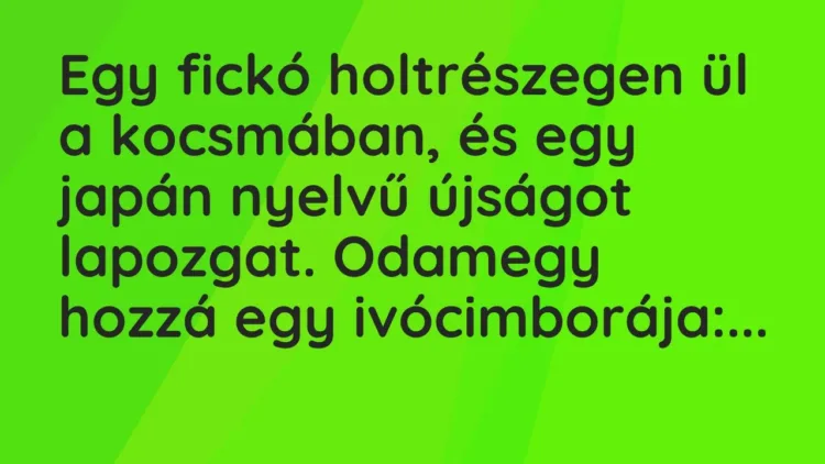 Vicc: Egy fickó holtrészegen ül a kocsmában, és egy japán nyelvű újságot lapozgat…. Vicc: Egy fickó holtrészegen ül a kocsmában, és egy japán nyelvű újságot lapozgat….