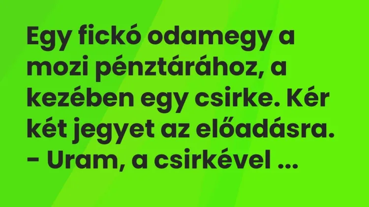 Vicc: Egy fickó odamegy a mozi pénztárához, a kezében egy csirke. Kér két jegyet az… Vicc: Egy fickó odamegy a mozi pénztárához, a kezében egy csirke. Kér két jegyet az…