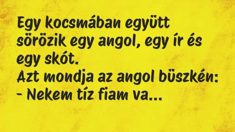 Vicc: Egy kocsmában együtt sörözik egy angol, egy ír és egy skót.
Azt mondja az a… Vicc: Egy kocsmában együtt sörözik egy angol, egy ír és egy skót.
Azt mondja az a…