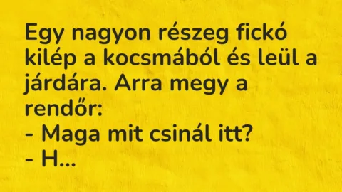 Vicc: Egy nagyon részeg fickó kilép a kocsmából és leül a járdára. Arra megy a…