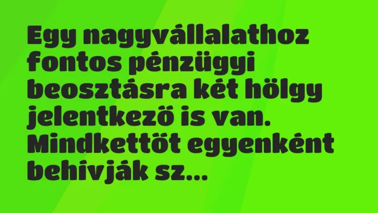 Vicc: Egy nagyvállalathoz fontos pénzügyi beosztásra két hölgy jelentkező is… Vicc: Egy nagyvállalathoz fontos pénzügyi beosztásra két hölgy jelentkező is…