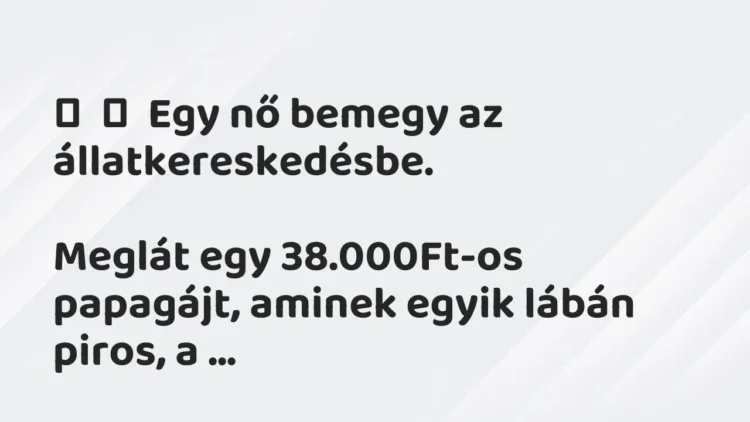 Vicc:
Egy nő bemegy az állatkereskedésbe.
Meglát egy 38.000Ft-os… Vicc:
Egy nő bemegy az állatkereskedésbe.
Meglát egy 38.000Ft-os…