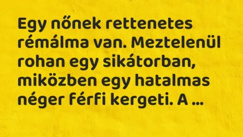 Vicc: Egy nőnek rettenetes rémálma van. Meztelenül rohan egy sikátorban, miközben egy…