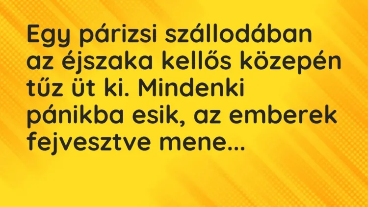 Vicc: Egy párizsi szállodában az éjszaka kellős közepén tűz üt ki. Mindenki pánikba… Vicc: Egy párizsi szállodában az éjszaka kellős közepén tűz üt ki. Mindenki pánikba…