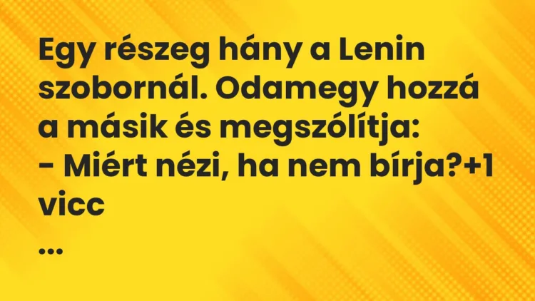 Vicc: Egy részeg hány a Lenin szobornál. Odamegy hozzá a másik és megszólítja:
-… Vicc: Egy részeg hány a Lenin szobornál. Odamegy hozzá a másik és megszólítja:
-…
