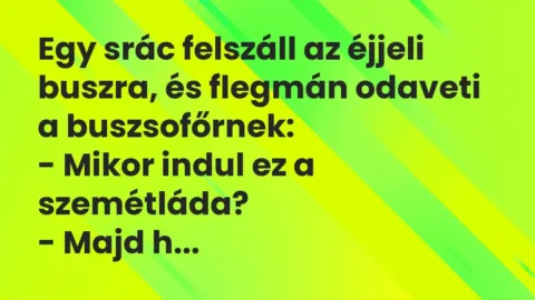 Vicc: Egy srác felszáll az éjjeli buszra, és flegmán odaveti a buszsofőrnek:

-…