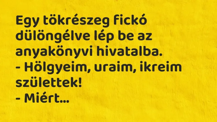 Vicc: Egy tökrészeg fickó dülöngélve lép be az anyakönyvi hivatalba.
– Hölgyeim,… Vicc: Egy tökrészeg fickó dülöngélve lép be az anyakönyvi hivatalba.
– Hölgyeim,…