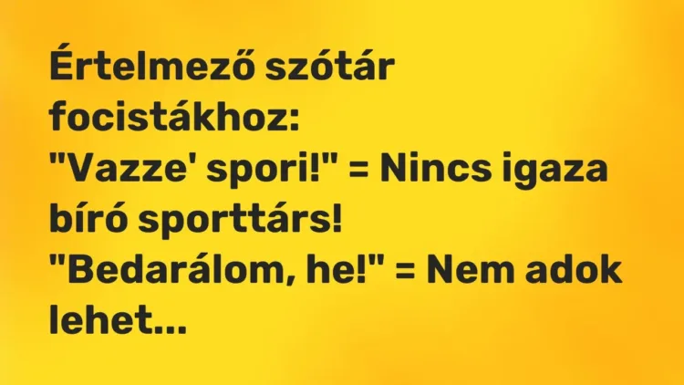 Vicc: Értelmező szótár focistákhoz:
„Vazze’ spori!” = Nincs igaza bíró… Vicc: Értelmező szótár focistákhoz:
„Vazze’ spori!” = Nincs igaza bíró…