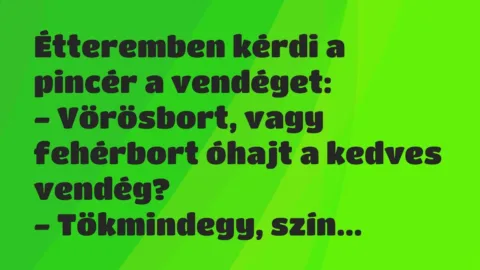 Vicc: Étteremben kérdi a pincér a vendéget:

– Vörösbort, vagy fehérbort óhajt a…