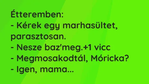 Vicc: Étteremben:
– Kérek egy marhasültet, parasztosan.
– Nesze baz’meg. Vicc: Étteremben:
– Kérek egy marhasültet, parasztosan.
– Nesze baz’meg.