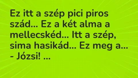 Vicc: Ez itt a szép pici piros szád… Ez a két alma a mellecskéd… Itt a szép, sima…