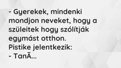 Vicc: – Gyerekek, mindenki mondjon neveket, hogy a szüleitek hogy szólítják egymást…