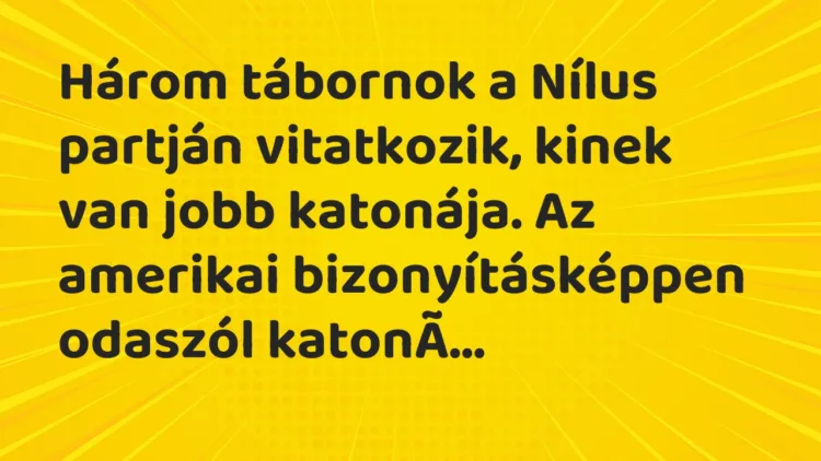 Vicc: Három tábornok a Nílus partján vitatkozik, kinek van jobb katonája. Az amerikai… Vicc: Három tábornok a Nílus partján vitatkozik, kinek van jobb katonája. Az amerikai…