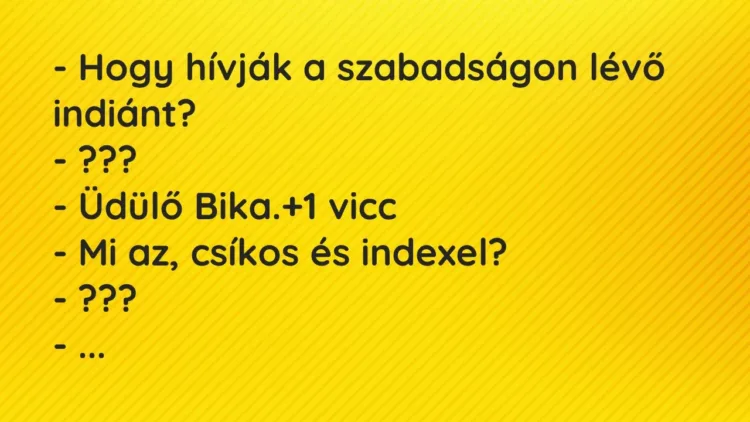 Vicc: – Hogy hívják a szabadságon lévő indiánt?
– ???
– Üdülő Bika. Vicc: – Hogy hívják a szabadságon lévő indiánt?
– ???
– Üdülő Bika.