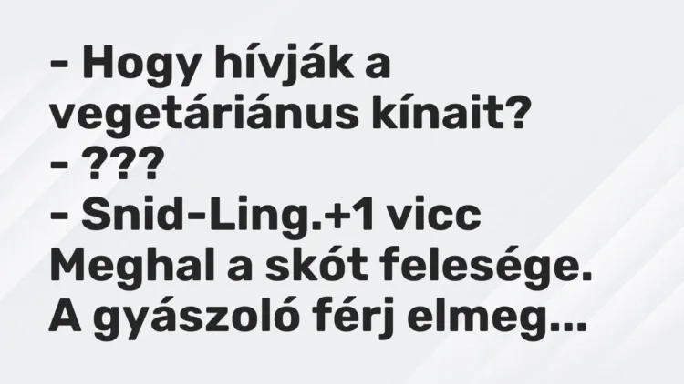 Vicc: – Hogy hívják a vegetáriánus kínait?
– ???
– Snid-Ling. Vicc: – Hogy hívják a vegetáriánus kínait?
– ???
– Snid-Ling.