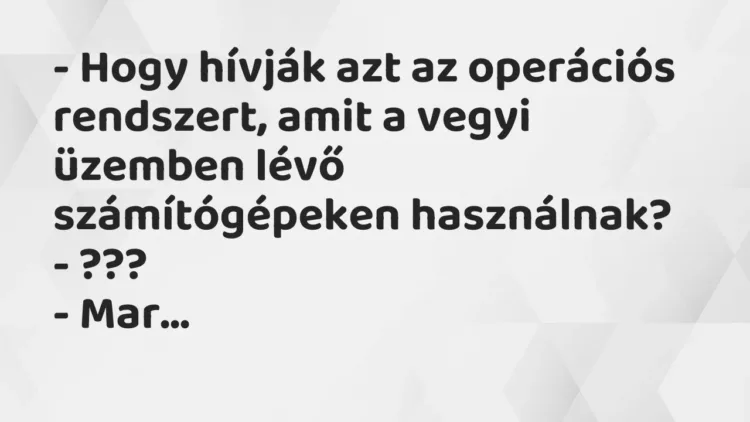 Vicc: – Hogy hívják azt az operációs rendszert, amit a vegyi üzemben lévő… Vicc: – Hogy hívják azt az operációs rendszert, amit a vegyi üzemben lévő…