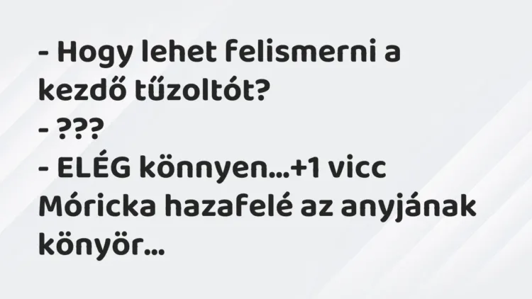 Vicc: – Hogy lehet felismerni a kezdő tűzoltót?
– ???
– ELÉG könnyen… Vicc: – Hogy lehet felismerni a kezdő tűzoltót?
– ???
– ELÉG könnyen…
