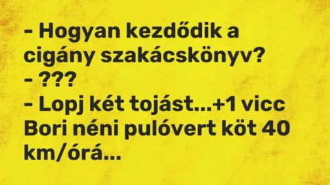 Vicc: – Hogyan kezdődik a cigány szakácskönyv?

– ???

– Lopj két tojást…