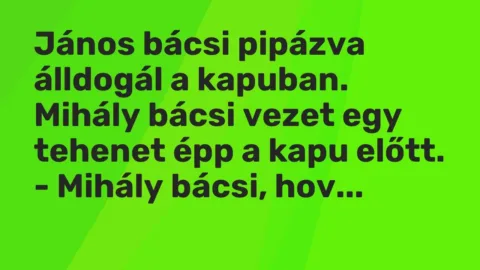 Vicc: János bácsi pipázva álldogál a kapuban. Mihály bácsi vezet egy tehenet épp a…