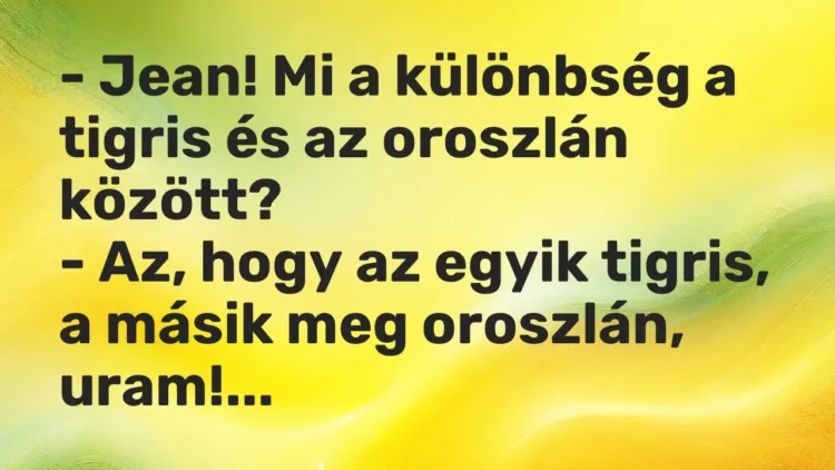 Vicc: – Jean! Mi a különbség a tigris és az oroszlán között?
– Az, hogy az egyik… Vicc: – Jean! Mi a különbség a tigris és az oroszlán között?
– Az, hogy az egyik…
