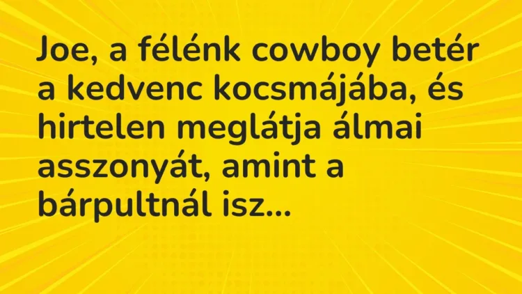Vicc: Joe, a félénk cowboy betér a kedvenc kocsmájába, és hirtelen meglátja álmai… Vicc: Joe, a félénk cowboy betér a kedvenc kocsmájába, és hirtelen meglátja álmai…