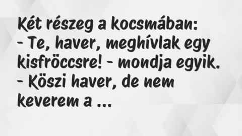 Vicc: Két részeg a kocsmában:

– Te, haver, meghívlak egy kisfröccsre! – mondja…