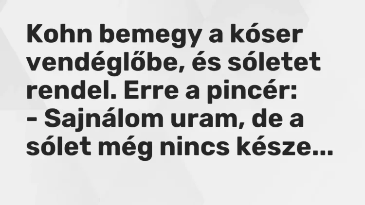 Vicc: Kohn bemegy a kóser vendéglőbe, és sóletet rendel. Erre a pincér:
-… Vicc: Kohn bemegy a kóser vendéglőbe, és sóletet rendel. Erre a pincér:
-…