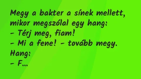 Vicc: Megy a bakter a sínek mellett, mikor megszólal egy hang:
– Térj meg,… Vicc: Megy a bakter a sínek mellett, mikor megszólal egy hang:
– Térj meg,…
