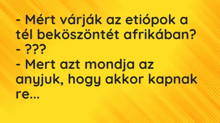 Vicc: – Mért várják az etiópok a tél beköszöntét afrikában?
– ???
– Mert azt… Vicc: – Mért várják az etiópok a tél beköszöntét afrikában?
– ???
– Mert azt…