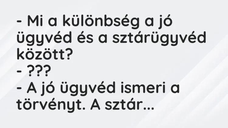 Vicc: – Mi a különbség a jó ügyvéd és a sztárügyvéd között?
– ???
– A jó… Vicc: – Mi a különbség a jó ügyvéd és a sztárügyvéd között?
– ???
– A jó…