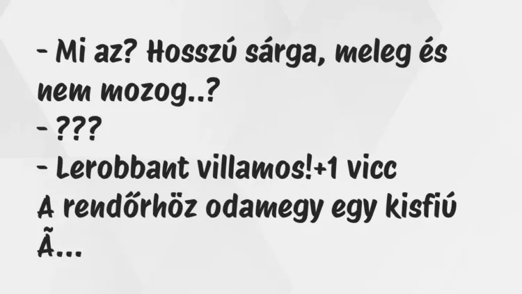 Vicc: – Mi az? Hosszú sárga, meleg és nem mozog..?
– ???
– Lerobbant… Vicc: – Mi az? Hosszú sárga, meleg és nem mozog..?
– ???
– Lerobbant…